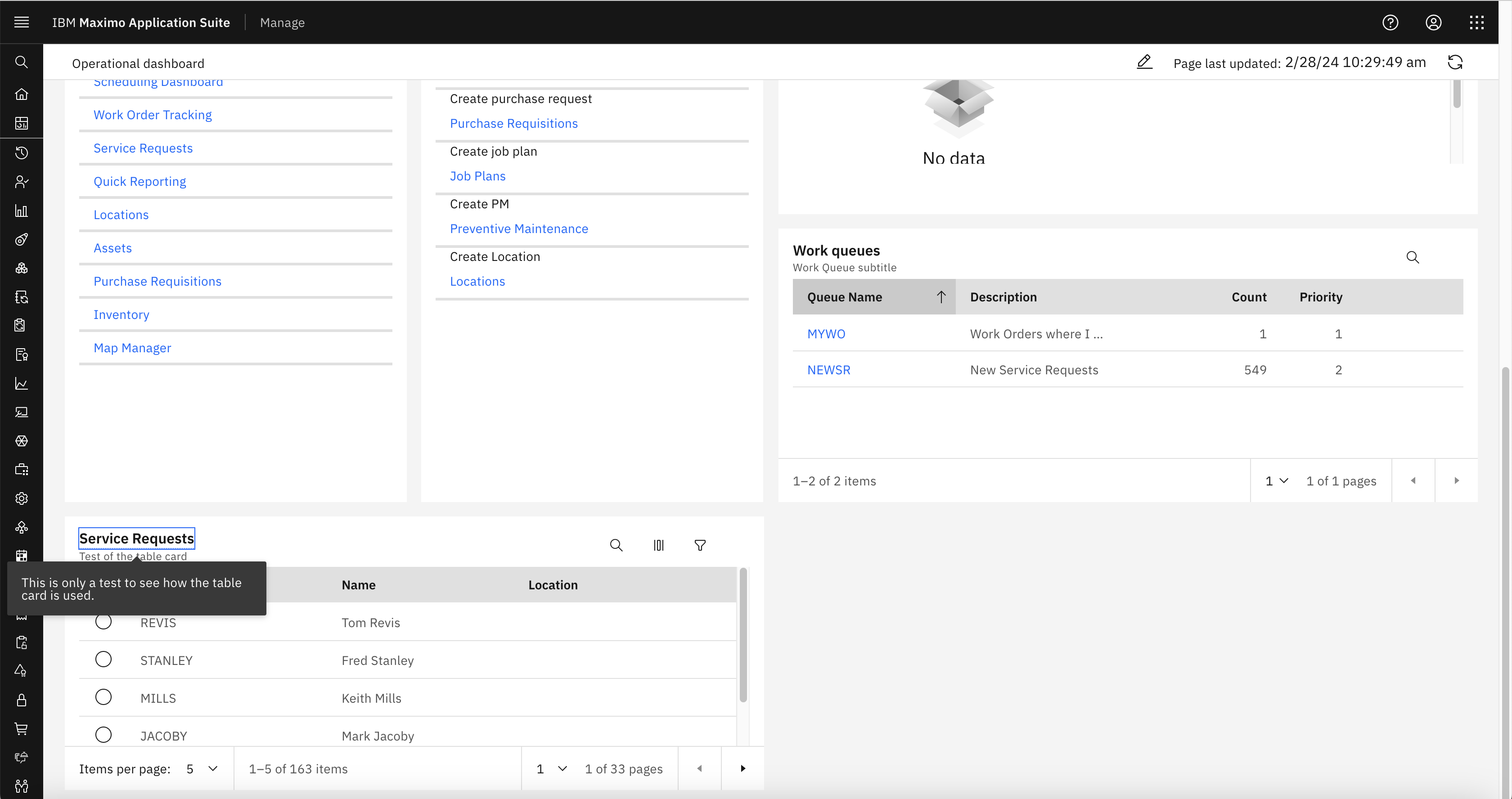 The result of the Table Card shows the attributes selected for the columns. The card title can be clicked to show the hover over description.