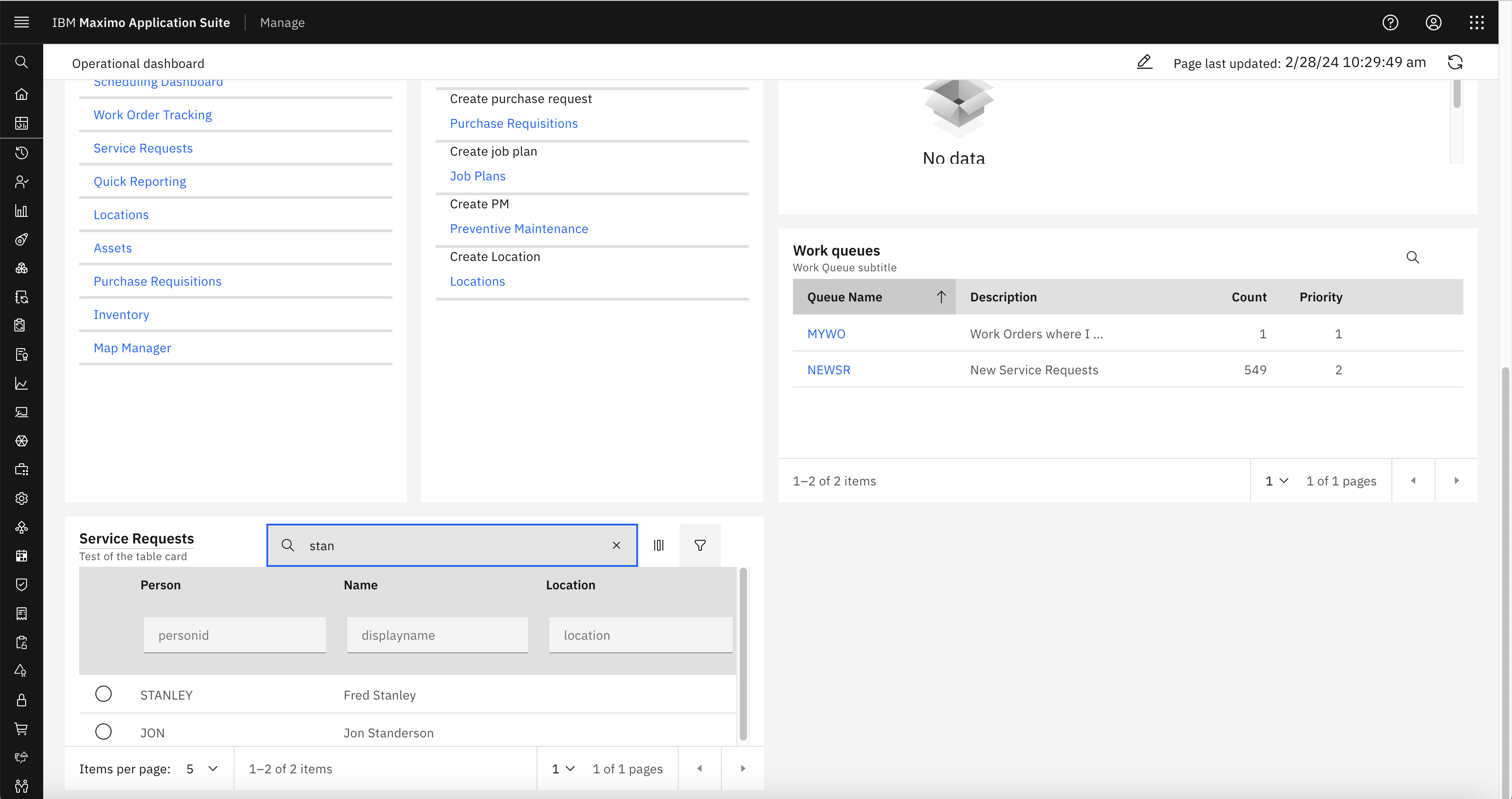 The table card has options to search and a filter which opens filter fields below each table column.