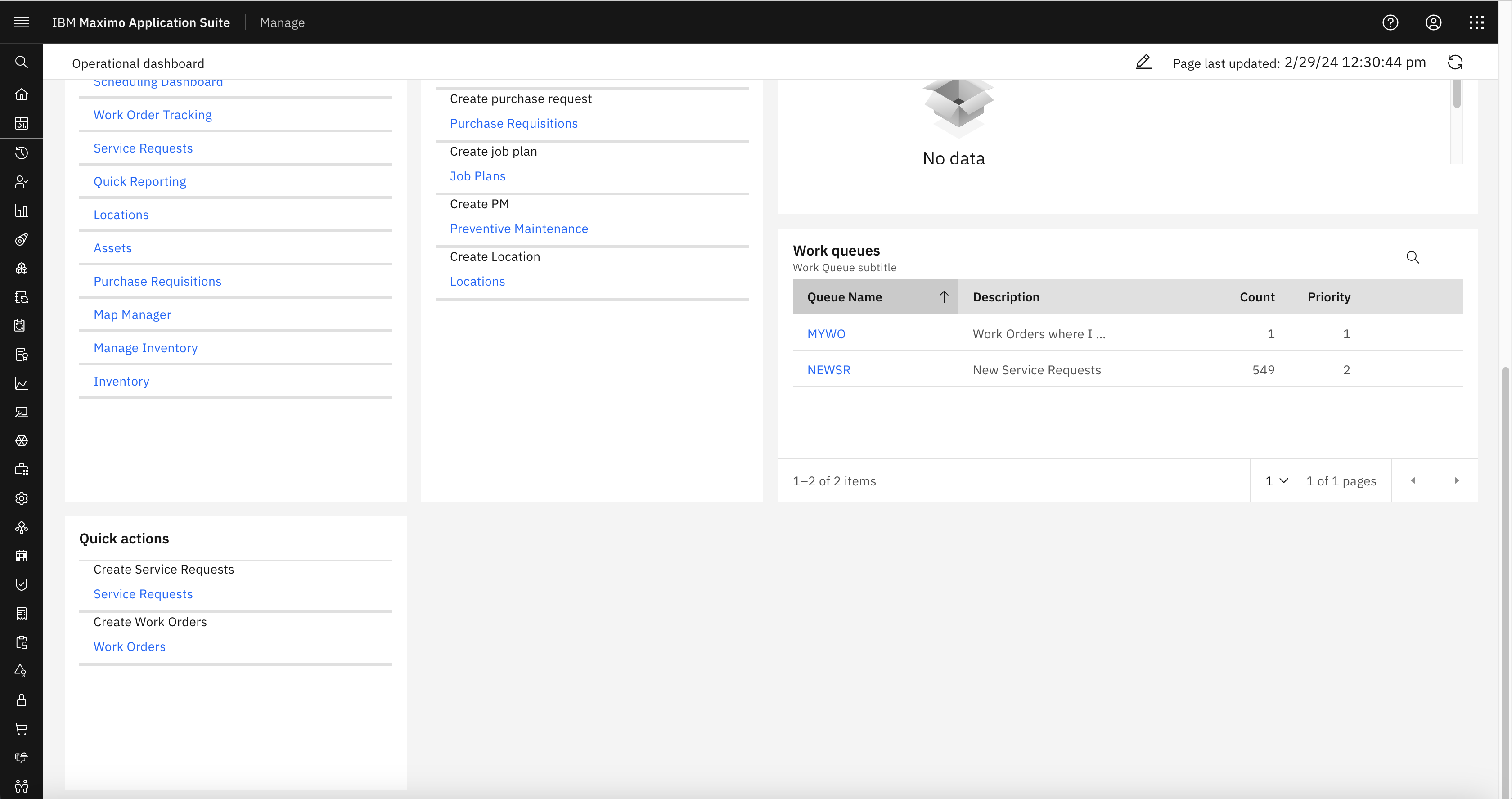 The result of the new Quick Actions Card with two actions to Create Service Request and Create Work Order.