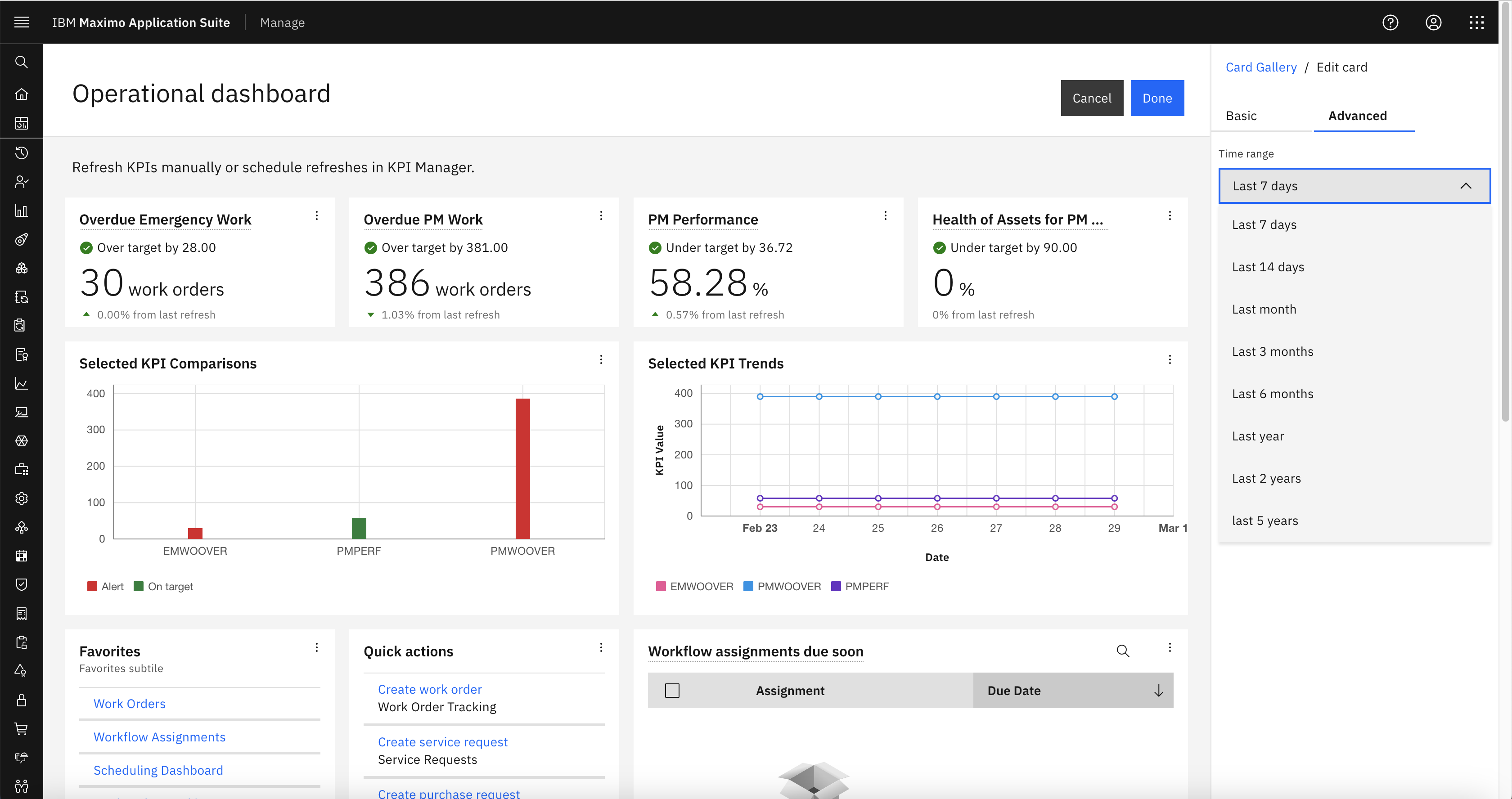 For the KPI Chart Card the Advanced tab has a Time Range field with 9 options from Last 7 Days to Last 5 Years.