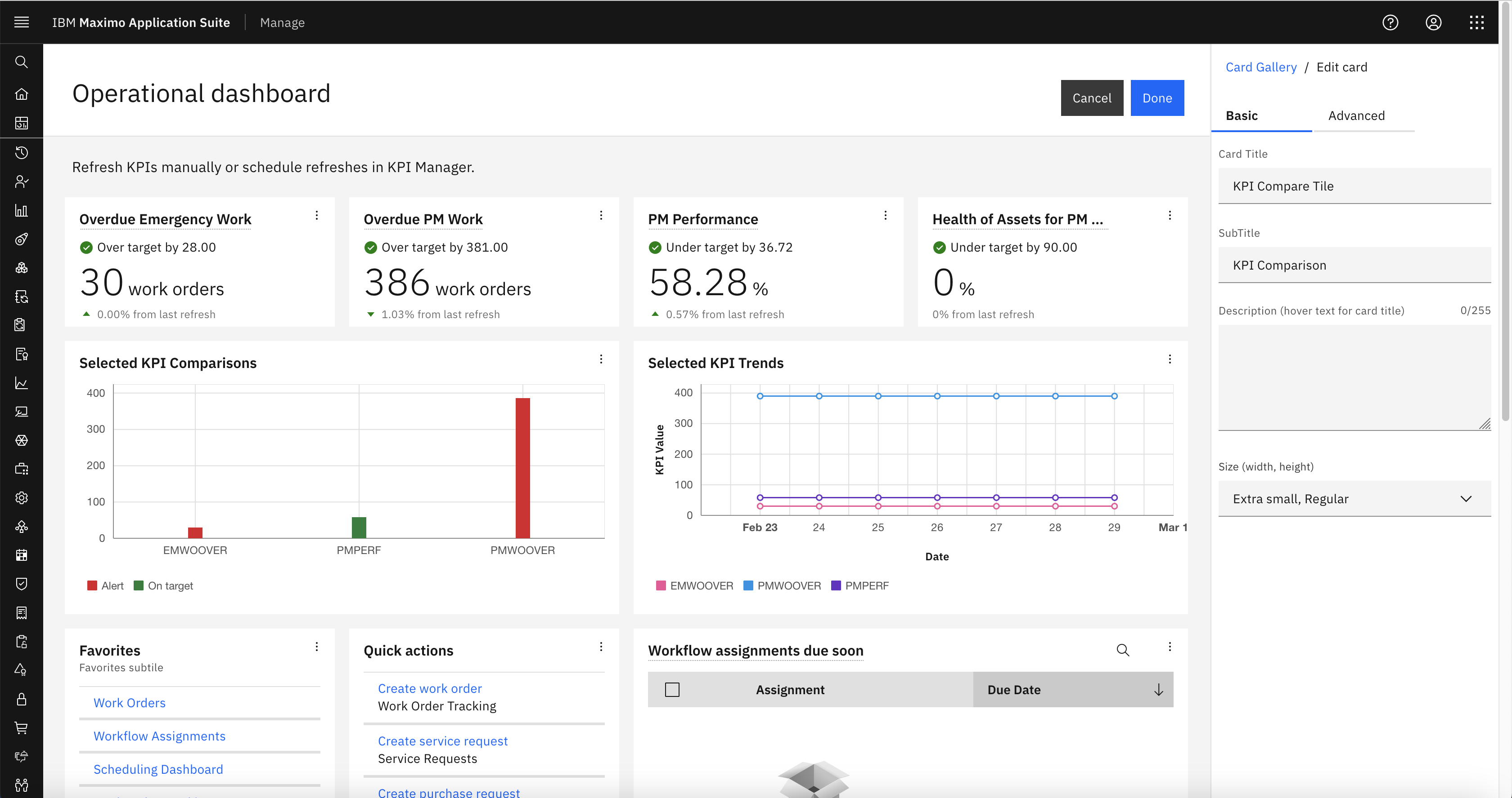 The KPI Comparison Card has a Basic tab with the title, subtitle, hover-over description and a card size field, with 7 size options.