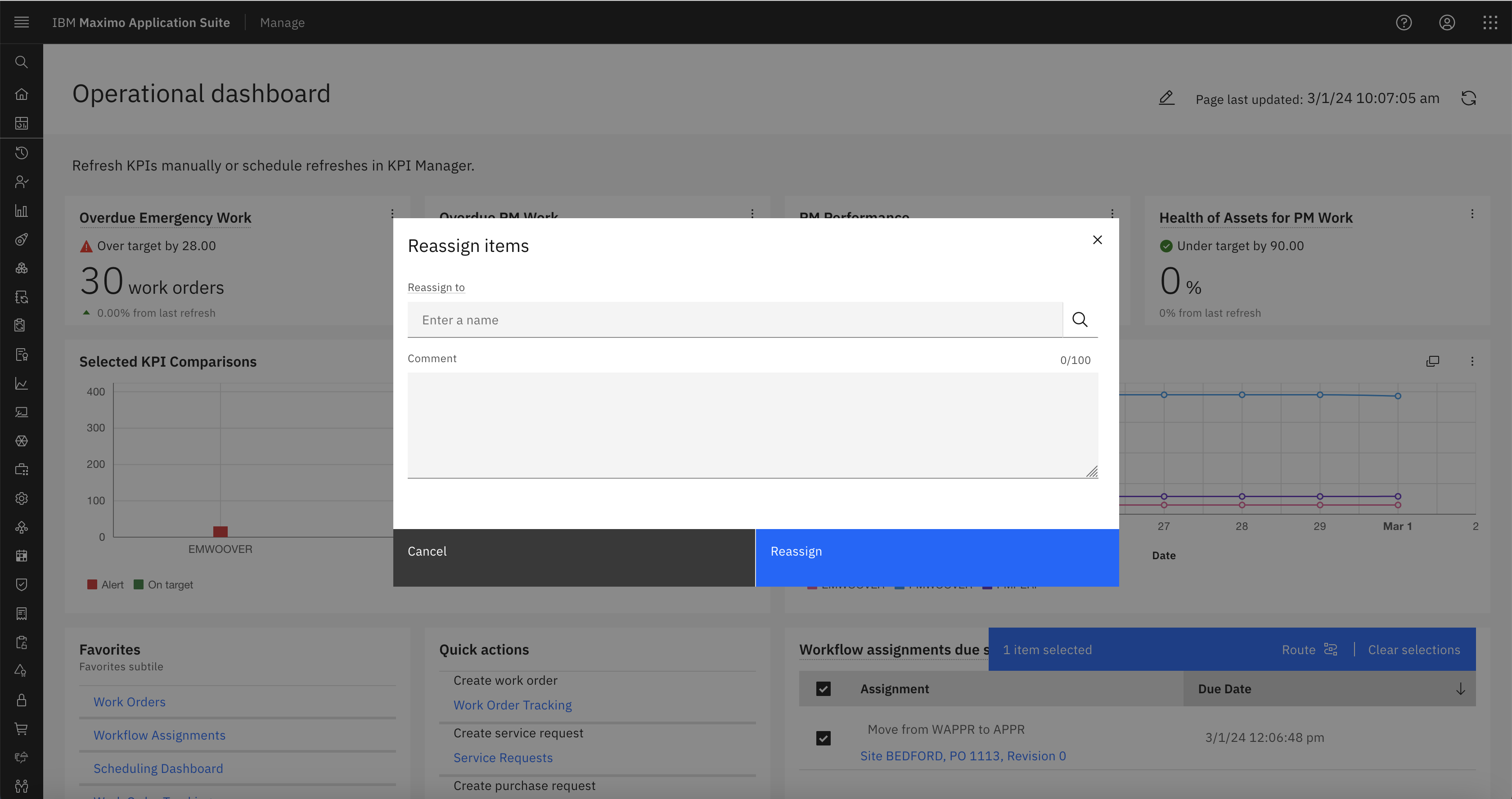 If you choose to Reassign the workflow assignment a dialog opens for you to select a person to reassign to and enter a comment.
