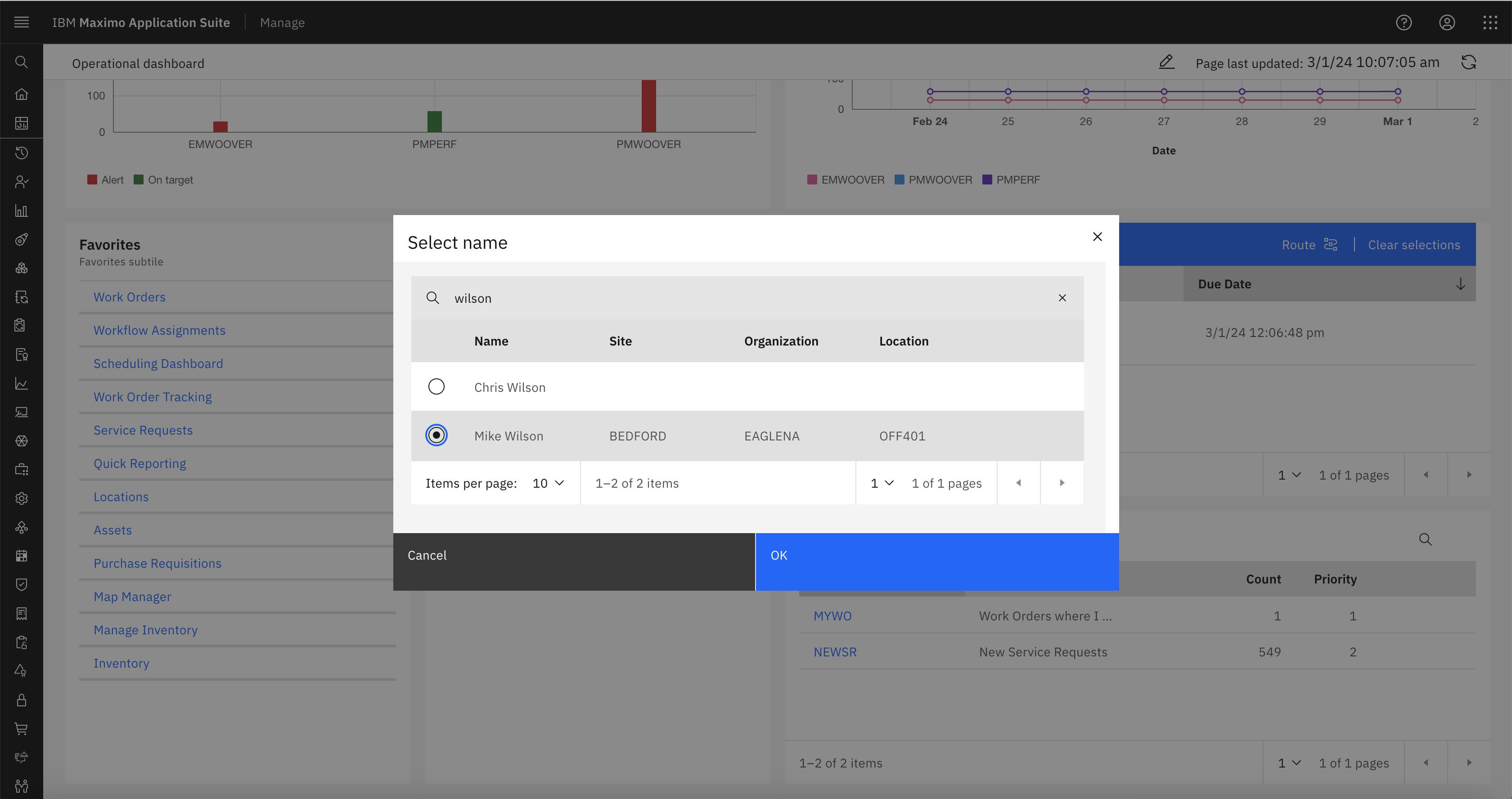 The Reassignment has a Person selector with a search, I searched for Wilson.