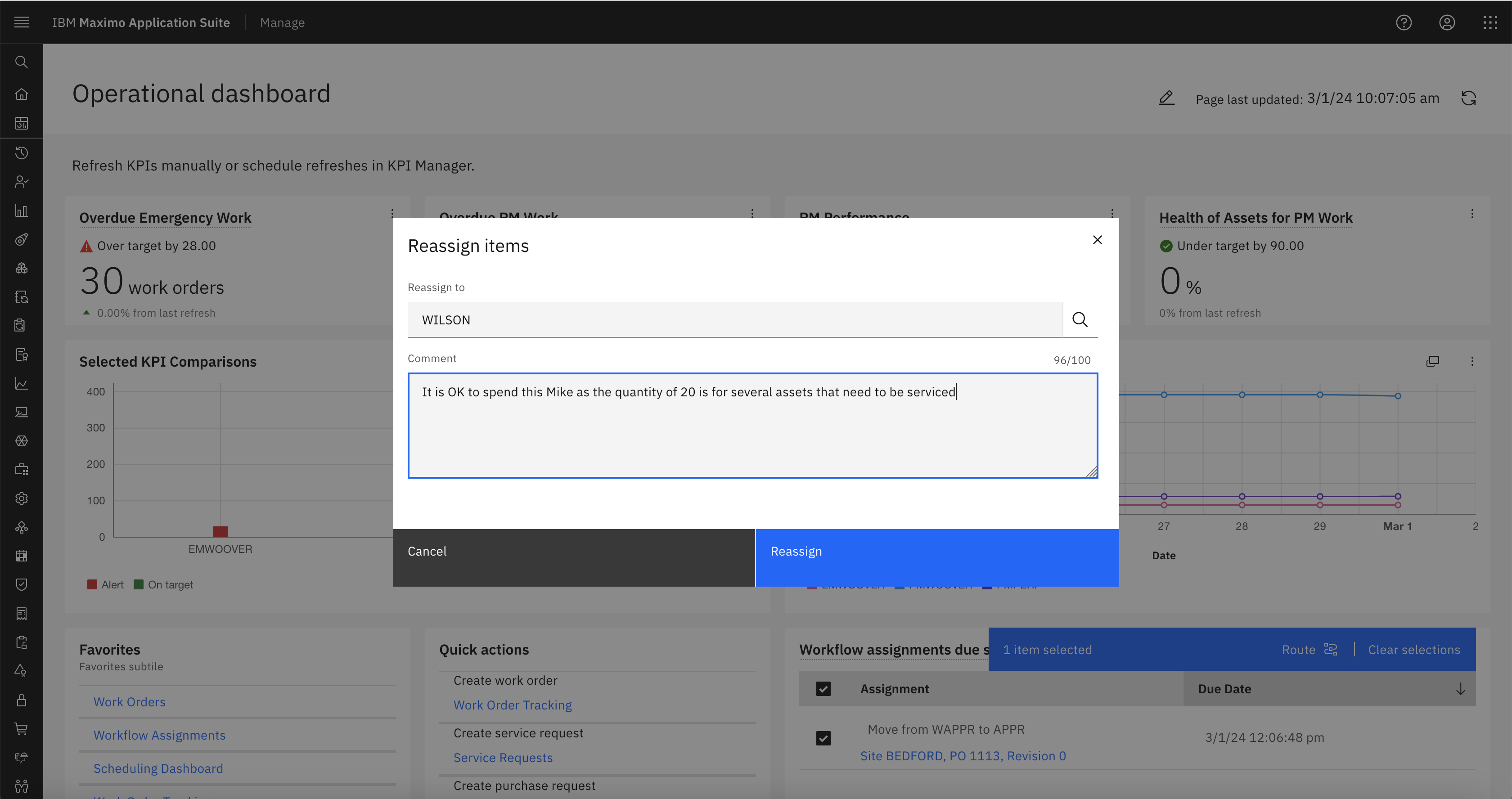 With Wilson selected as the reassignment person I then entered a comment and used the blue Reassign button.